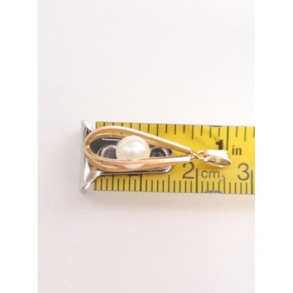 Handmade Ladies Unmarked 14K Yellow Gold Wire Caged Ocean Pearl Pendant Vintage - Picture 7 of 8